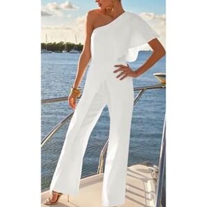 Venus One-Shoulder Asymmetrical Jumpsuit White Size 14 EUC!
